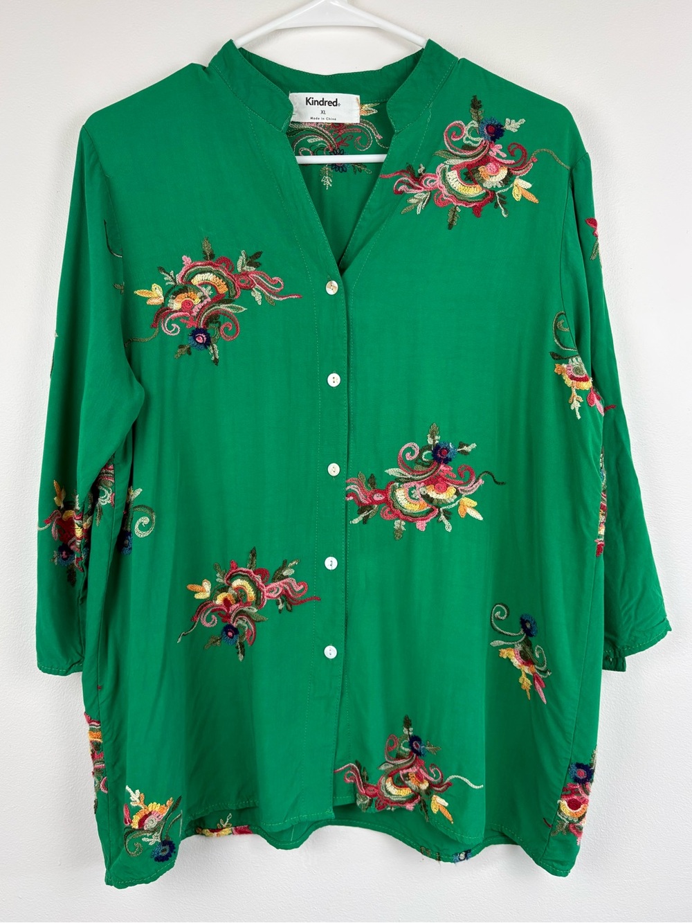 Kindred Green Embroidered Blouse XL Good Condition Boho Folk Naturecore Whimsy